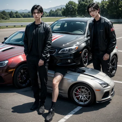 Make a black haired man stand in front of a car in an illegal car race 