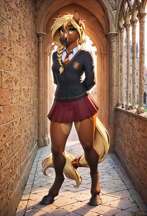 in the style of f-r95, in the style of zaush, in the style of binxxy, solo, (anthro), female, horse, blond hair, blond tail, braided ponytail, braided tail, bay horse, dun horse, brown fur, brown belly, (dark brown lower legs), digitigrade legs, hooves, wh...