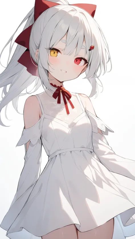 {{masterpiece}}, ,Attention to detail,((White medium hair、ponytail)))hairpin、One Woman、Age 15、Small breasts,smile、Small Mouth、Slanted Eyes,((Thick and short eyebrows、Round eyebrows))((Perfect red and yellow eyes)) ,((Heterochromia iridis)) ,((White backgro...