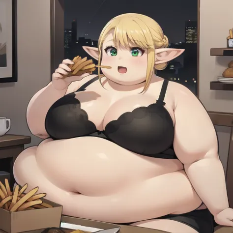 ((Masterpiece)), high quality, 4K, 1 solo girl, obese erufuda, short hair, pointy ears, obese elf, thick thighs, fat belly, fat arms, fat neck, big cheeks, fat face, blonde hair, (green eyes:1.5), braid, ((Perfect body)), smile, open mouth, eating french f...