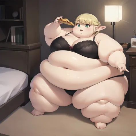 ((Masterpiece)), high quality, 4K, 1 solo girl, obese erufuda, short hair, pointy ears, obese elf, thick thighs, fat belly, fat arms, fat neck, big cheeks, fat face, blonde hair, (green eyes:1.5), braid, ((Perfect body)), smile, open mouth, eating french f...