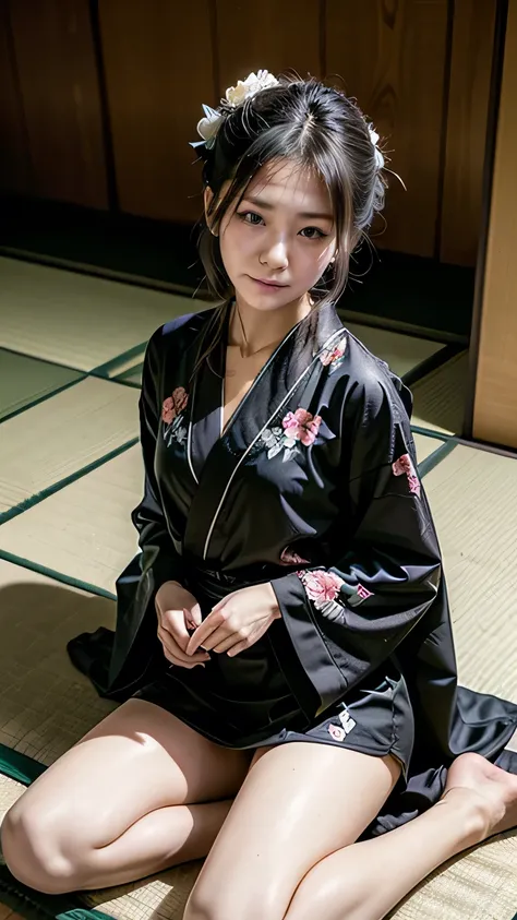 woman lying on futon、(black kimono with white floral pattern:1.3、miniskirt kimono)、(sitting in a japanese house、girl&#39;s room)...