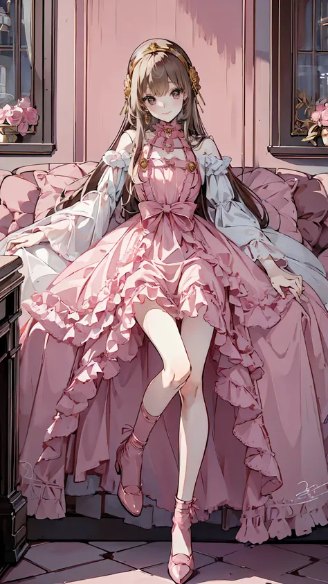 (Highest quality,4K,High resolution,masterpiece:1.2),Very detailed,Realistic:1.37,,(whole body, I can see your feet and shoes: 1.2),、((Pink Dress)), Hyperrealistic photo of a girl in a majestic light pink and gold ball gown dress, Big beautiful dress, Lots...