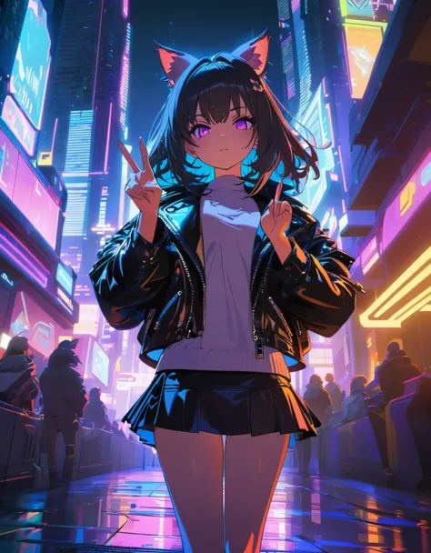 cute anime catgirl, wearing mini skirt and leather jacket, making peace sign, neon futuristic cityscape at night, highly detailed, 8k,  vibrant colors, dramatic lighting, cyberpunk, dark, moody, atmospheric