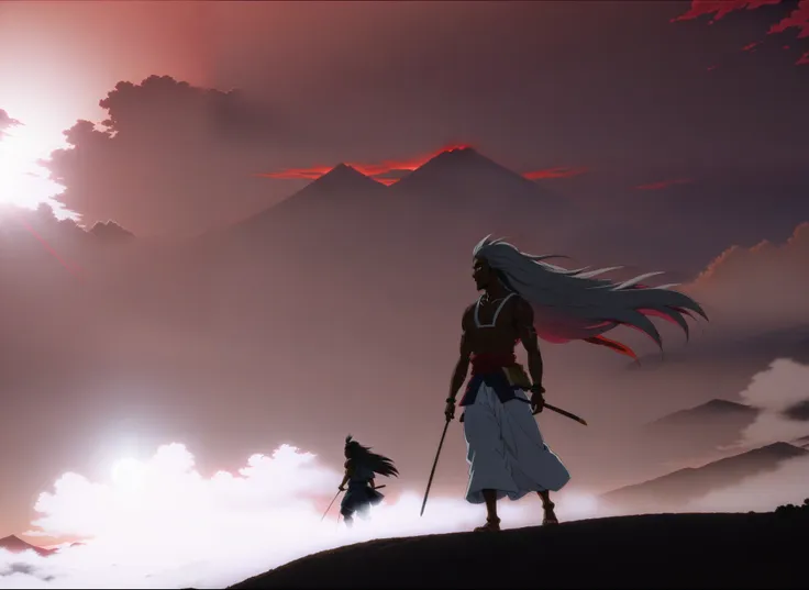 animation scene of a long-haired man walking on the mountain，the background is a red sky, screenshot from the guro anime, 2012 年...