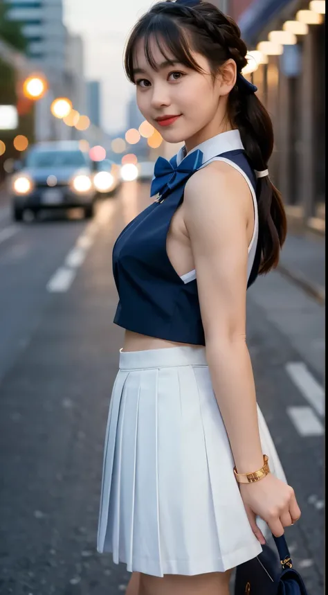 1 Girl, Beautiful, Baby Face, 20 Years Old, White Skin, Cleavage, Sleeveless, ((Thai High School Uniform)), ((muscles:1.3)), City Outdoor, Grey Hair, Laugh, Hands Beside Hips Pose, Grey Twintails, ((breastssize:1.3)), ((bokeh:1.3)), ((adorable:1.1)), ((mas...