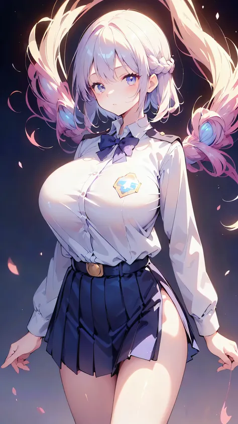 Ultra-high resolution, 8k,high quality,(((Extra low length,Skinny body)),cowboy shot , ((no hat:1.3))),Slender,Cute hairstyle,,(iridescent light,soft shadow,Anime Painting,thin line drawing),(((((super enormous cartoon-like breasts,Student Uniform,Young,))...