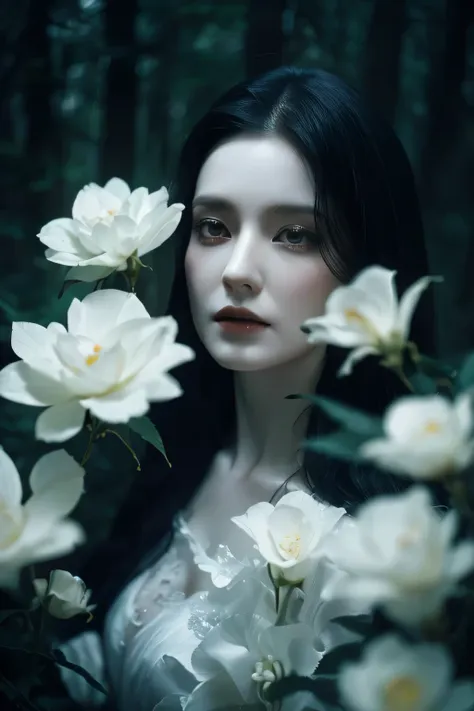 a ghost of a woman, long black hair, misty forest background, mystical feeling, pale white skin, white flowers, detailed portrai...