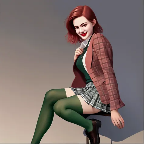 Beautiful Teenage Girl, Small breasts, Blazer uniform,Checkered short skirt，Plain black tights，No shoes on，Shoes in hand， A kind smile, Red lips, Tea Hair, Green Eyes, realism, Digital Painting, Concept Art, Smooth, Sharp focus, Three-part method,whole bod...