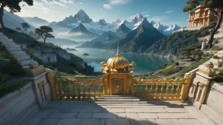 (((bottom to up view))), ((Unreal Engine 5)), ((Masterpiece)), ((ultra high definition)), ((ultra high resolution)), ((full sharpness)), ((maximum quality)), ((Cinematic)), ((8k)), ((a golden palace on a mountain)), ((majestic palace)), ((surrounded by bri...