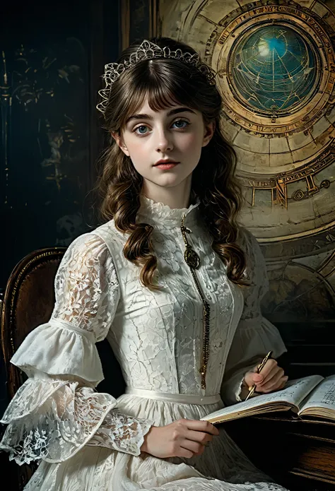 À la Fed image of a girl in a white lace dress and Leonardo da Vinci notes background, stunning young ethereal figure, portrait of a magical girl, portrait of a young witch girl, girl in steampunk clothes, musician girl in lace clothes, Natalia Dyer, Daphn...