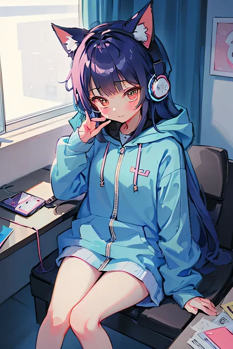For one girl、Girl sitting、Wear a cat ear hood、Hooded parka、(Wearing headphones around the neck:1.3)、headphone、cute、Hold the console with both hands、from the front、Inside the room、There is a desk and a dresser behind the bed...、Best Quality、Mask Piece、High ...