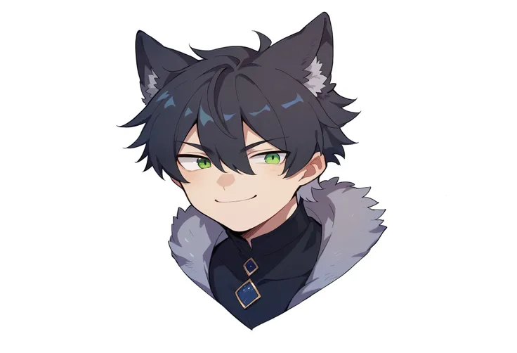 anime boy with black hair and green eyes wearing a furry coat, wolf ears, anime moe artstyle, boy with cat ears and tail, tall anime guy with green eyes, official character art, smile