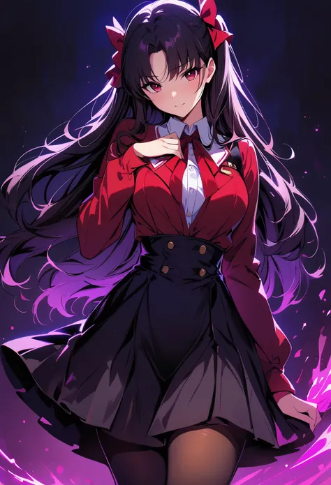 Rin Tohsaka，(masterpiece, Best quality:1.2), Black Light Art，1 girl, solitary，Tights，Chest，，Tights，Busty
