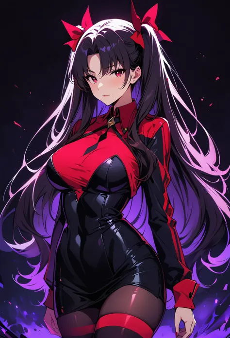 Rin Tohsaka，(masterpiece, Best quality:1.2), Black Light Art，1 girl, solitary，Tights，Chest，，Tights，Busty
