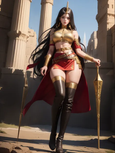 masterpiece，HD CG pictures，beautiful female warrior，Egypt，Detailed eyes and face，tall figure，Queen of Egypt，Egypt long skirt，Extra long leather boots，over-the-knee leather boots，Over-the-knee socks inside，Beautifully decorated，Average temperament，tall figu...