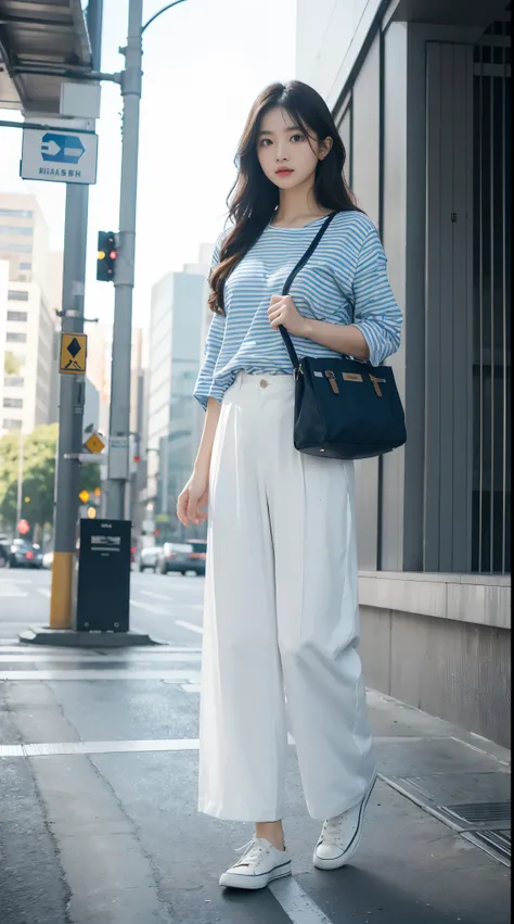 ,Masterpiece Ultra High Resolution,(Reality:1.4),Original photo,Ultra HD,8K,There is a girl，commute，Blue Striped Shirt，White wide-leg pants，canvas shoes，Canvas bag，Long wavy hair