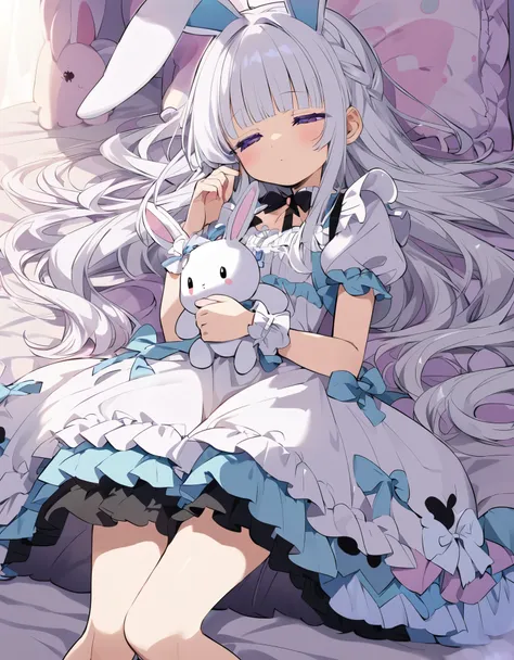 a cute anime kawaii girl is sleeping on a bed holding a white bunny dolly in her hand, solo, pillow, rabbit ears, long hair, animal ears, stuffed toy, dress, big stuffed bunny, dreamy cute dress, stuffed animal, frills, sleepy, white hair, short sleeves, w...