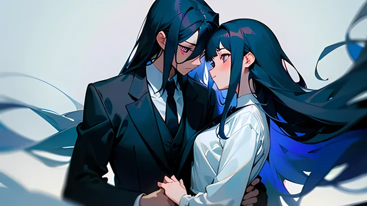 (masterpiece, sidelighting, ultra-detailed, finely detailed beautiful eyes: 1.2). 2 people, twins. Male and female twins. Intimate, close (Anime boy, crimson eyes, black suit, white collared shirt, black tie, long dark blue hair, long flowy hair), (Anime g...