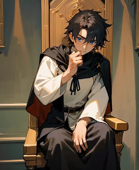 a young medieval mage sitting, he's sitting on a chair in a castle room, he's looking at the viewer, he's wearing a black cape w...