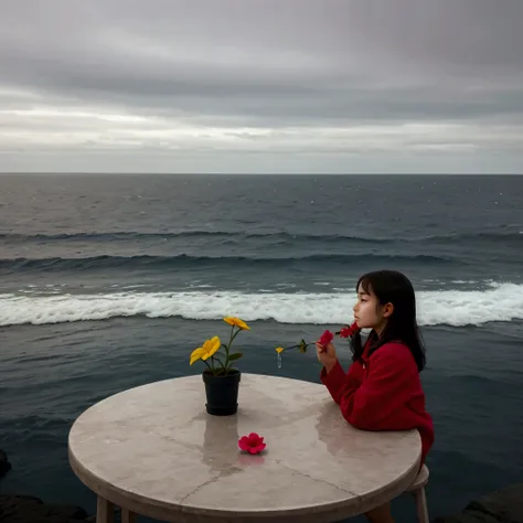 a  girl,watering a small flower on a tiny table at the edge of a vast ocean on a grey afternoon,distant horizon,detailed face an...