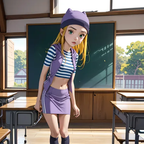 (masterpiece, best quality), 1girl, izumi orimoto, indoors, classroom, green eyes, blonde hair, long hair, purple beanie, purple...