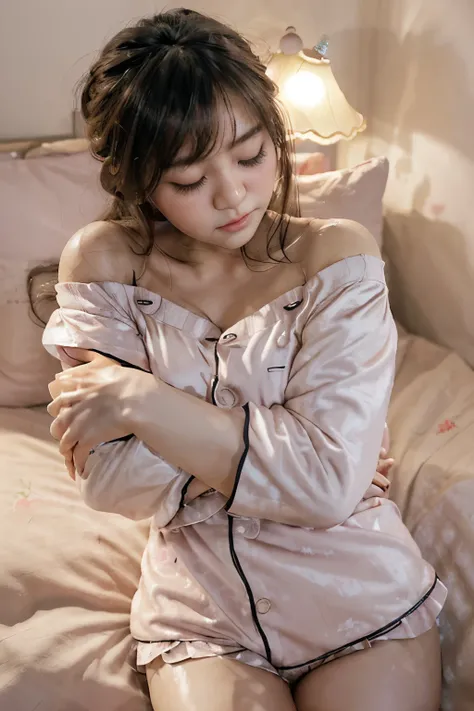 cute asian girl, (sideswept hair), (()), ((wearing off shoulder pajama)), night time, blush on, eye lash, blush under eye, layers hair, ((dimming light lamp)), short pants, (( full bang)), (((ying on bed)), painting, (pillow), (((cute face)), ((hugging dol...