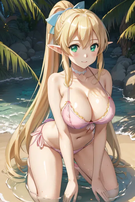 close up 1girl in, photo of leafa, kirigaya suguha, solo, (straight blonde hair, ponytail, very long blonde hair, vivid green ey...