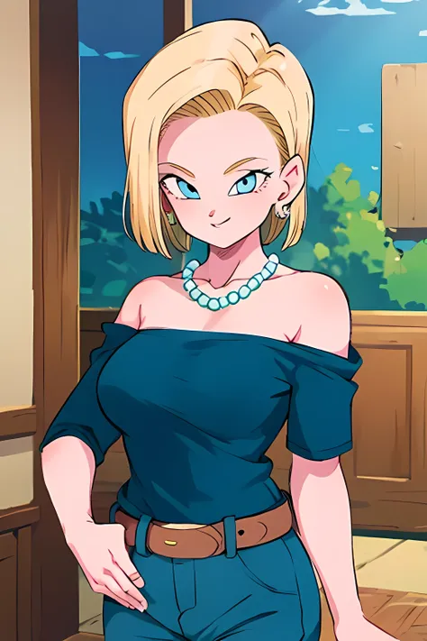 (masterpiece, best quality), 1girl,   android18, blue_eyes, blonde_hair, jewelry, medium_breasts, earrings, belt, blue_pants, st...