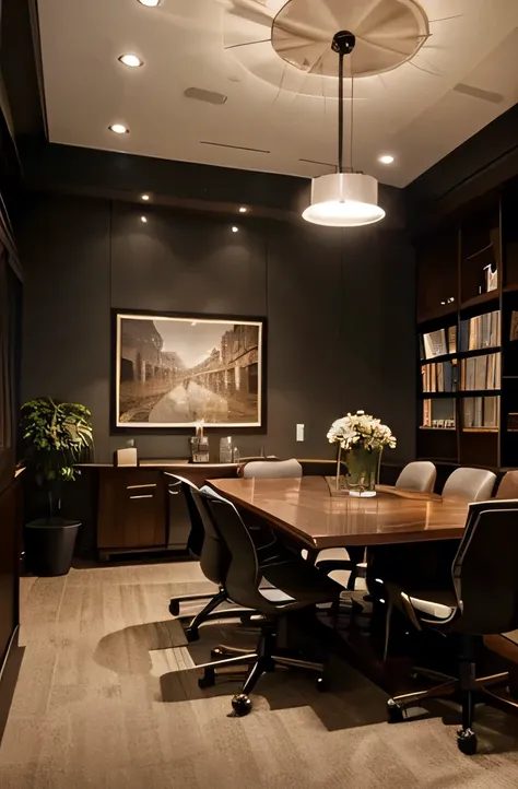 Generate an extremely realistic scenario of a consultation room. The room must be modern. Include a dark wood conference table with chairs, a small, well-organized bookshelf with legal and decorative books. Also add details like some discreet artwork on th...