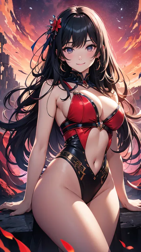 最high quality、Best image quality、masterpiece、and((Japanese、cute、1、Best Bust、Long Hair、Big Bust、Open your chest wide,Black Hair、thin、The highest valley、smile、Show the whole body、Completely naked)）high quality、Beautiful art、background((Lunar Surface、Red Sky)...