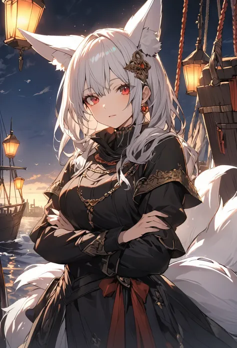 1girl, mature kitsune, short white hair, red eyes, she has eight white fluffy fox tails and fox ears, medieval naval admiral black outfit, cold emotionless gaze, crossing arms, she is on the top of a wooden ship in a port ready to sail. Beautiful oceans an...