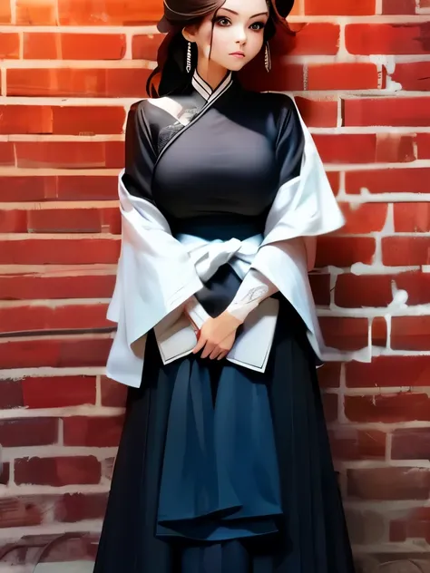 arafed woman in a black shirt and skirt standing in front of a brick wall, layered skirts, multilayered outfit, very extremely beautiful, persian folkore artstyle, hanbok, wide skirts, skirt, boho chic | | very anime!!!, dressed in long fluent skirt, layer...