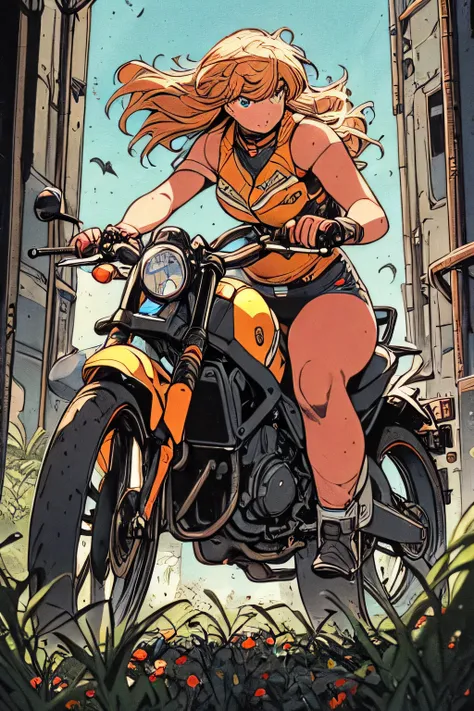 Masterpiece, professional, award-winning, intricate details, ultra high detailed, 64k, volumetric light, dynamic lighting, Movie Aesthetic, action shot, style by Travis Charest and Phil Noto (colored). THe raider is riding a yellow BMW M1000RR Superbike, s...