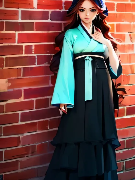 arafed woman in a black shirt and skirt standing in front of a brick wall, layered skirts, multilayered outfit, very extremely beautiful, persian folkore artstyle, hanbok, wide skirts, skirt, boho chic | | very anime!!!, dressed in long fluent skirt, layer...