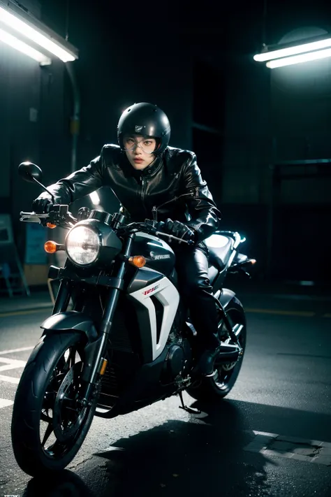 Kim Taehyung is riding a black motorcycle, surrealism, High detail, Cinematic lighting, Ray tracing, angle of view, Eye level shots, hyper HD, Masterpiece, Textured skin, 4K, Best quality