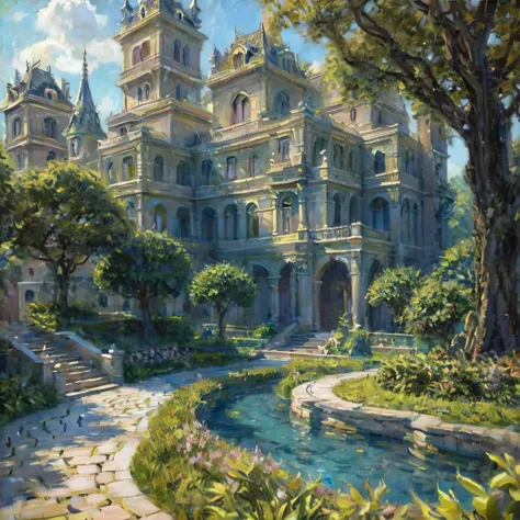 arafed view of a castle with a fountain and a garden, palace background, unreal engine fantasy art, elven palace of ghemathar, beautiful render of a fairytale, relaxing concept art, beautiful 3 d concept art, realistic fantasy render, concept art highly de...