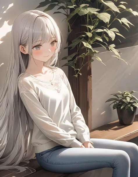 (SuperQuality:1.0) ~ (SuperQuality:1.2), (pale white-silver hair), (flowing straight hair), shoulder-length hair, delicate waves, soft round face, porcelain skin, (large gentle gray eyes), deep gaze, soft reserved smile, (slender figure), white blouse, pas...