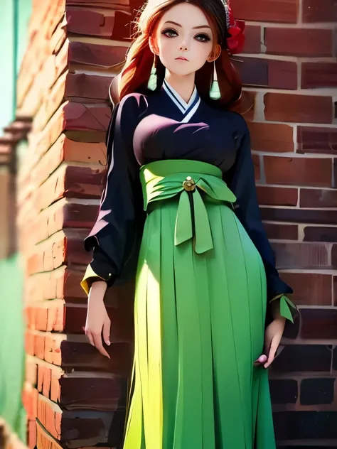 arafed woman in a black shirt and skirt standing in front of a brick wall, layered skirts, multilayered outfit, very extremely beautiful, persian folkore artstyle, hanbok, wide skirts, skirt, boho chic | | very anime!!!, dressed in long fluent skirt, layer...