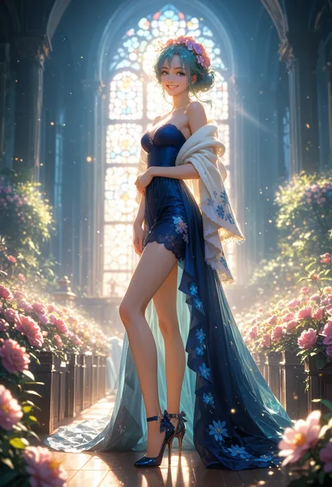 ultra high quality,Girl Sexy, high heel，Wearing a Lace Shawl，smile，sunlight，Blue Floral Skirt，Wear flowers on your head，charming，tape，high heel，long legs，Student, Full Growth Sparkles, glitters, disheveled hair, core_9, score_8_up, score_7_up, dramatic lig...