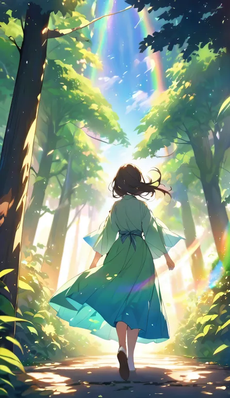 Create a japanese style anime of a peaceful forest scene with a young woman walking along a wet pathway. The forest is lush and green, with sunlight filtering through the dense canopy, casting dappled light onto the ground. Raindrops are gently falling, cr...