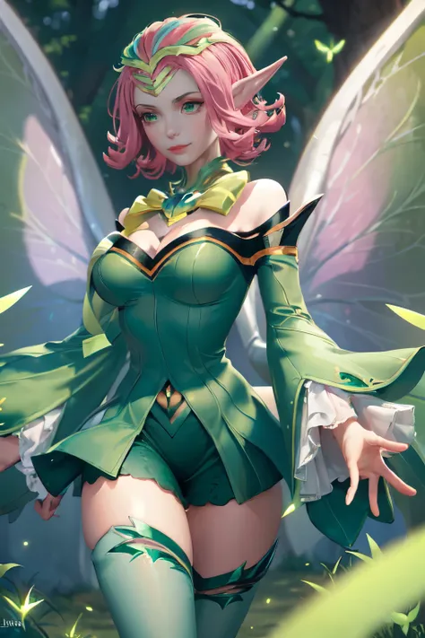 ((big breasts)), 1girl, solo, smile, short hair, thighhighs, dress, cleavage, jewelry, medium breasts, green eyes, pink hair, detached sleeves, green hair, wings, pointy ears, wide sleeves, tree, bug, green dress, fairy wings, fairy,  butterfly wings, 4 wi...