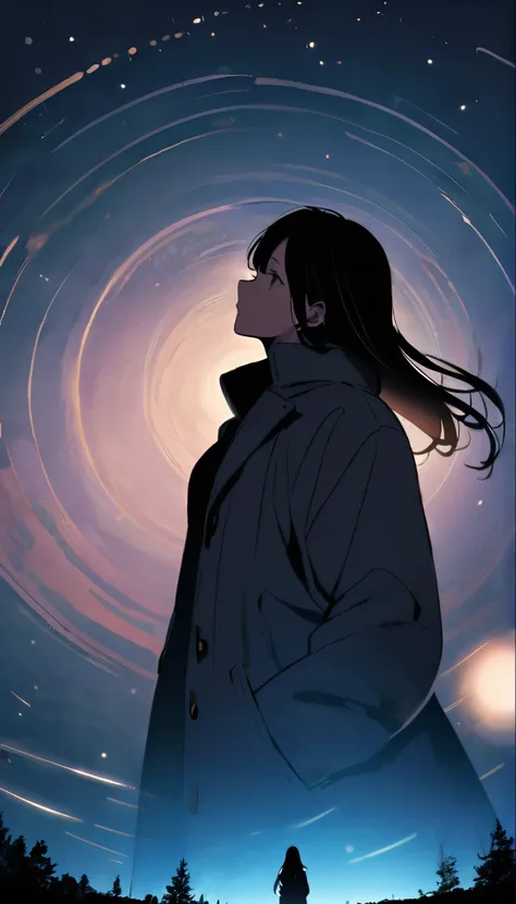 Many stars shine beautifully in the winter night sky., Long exposure of the starry sky、Many circular orbits are visible in the image., Silhouette of a young woman with long hair、Put your hands in your coat pockets、Looking up, Photo taken from a distance, P...