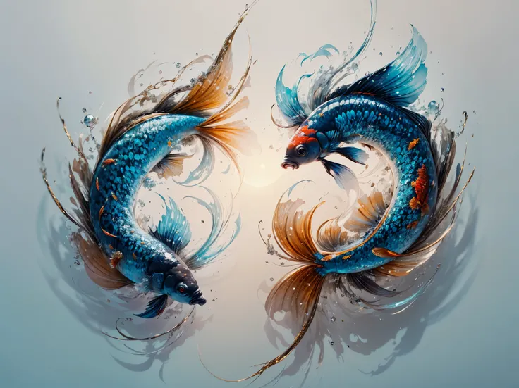 A captivating 3D render of two Japanese koi fish, one silver and one gold, swimming gracefully around each other in a minimalistic tattoo ink drawing style. The vanishing point is set against a pristine white background, allowing the delicate details of th...