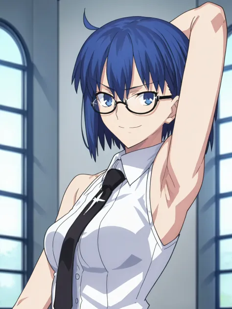 score_9, score_8_up, score_7_up, source_anime, anime screencap, indoors, ciel_sensei, blue eyes, blue hair, short hair, white sh...