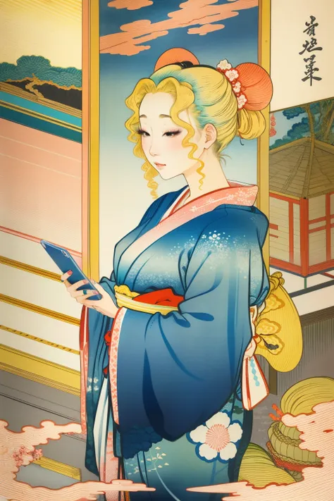 One Girl, Best Quality, Ukiyo-e style, Hokusai style, Gal looking at smartphone, Young woman, Her hair color is a gradation of blonde and pink., Twin tails, Curly Hair, False eyelashes, Makeup is heavy, White skin, Rainbow Yukata, Long decorated nails,