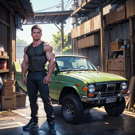 masterpiece , 32k , best quality , detailed face , natural eyes, 1man, mature man, , muscled and hunk, (((stephen amell))) as a mechanic wearing totally unbuttoned overall, showing his nipples and muscles , sweating, tight cloth , full body view , STANDING...