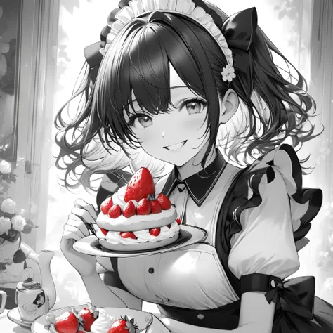 Monochrome Art,Black and white grey,red,redが強調,((redい目,redいいちご)),Holding a strawberry shortcake,Smiling maid,masterpiece,Best Quality,Exquisite,8k,Absurd,Ultra-fine illustrations,front