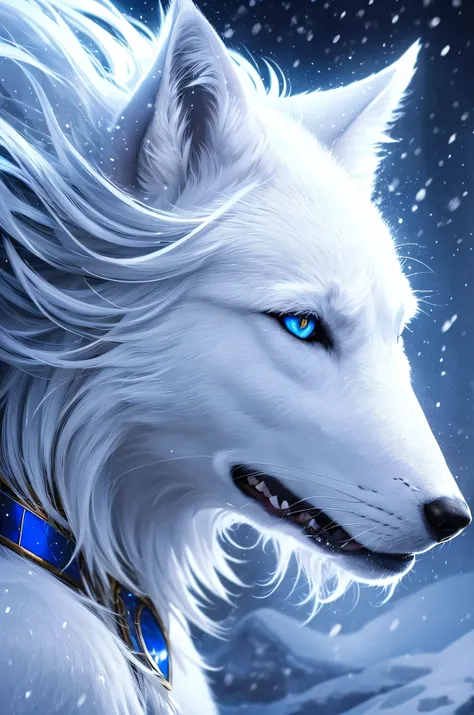 headshot photography of a celestial white wolf from side in the snow fall, head focus, he has glowing blue eyes, set at night, detailed fur, detailed eyes, dramatic lighting