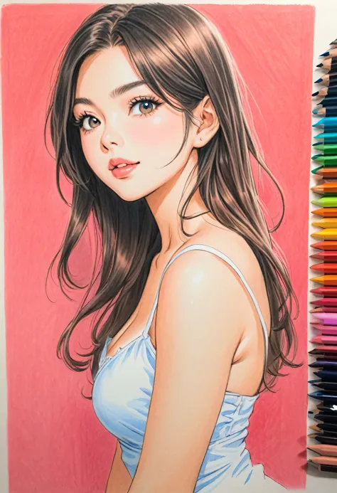  Girl，Short camisole，white，Art，Ad，colour pencil drawing，(((The best beautiful girl ever))), Lips in love, Mai Yoneyama style